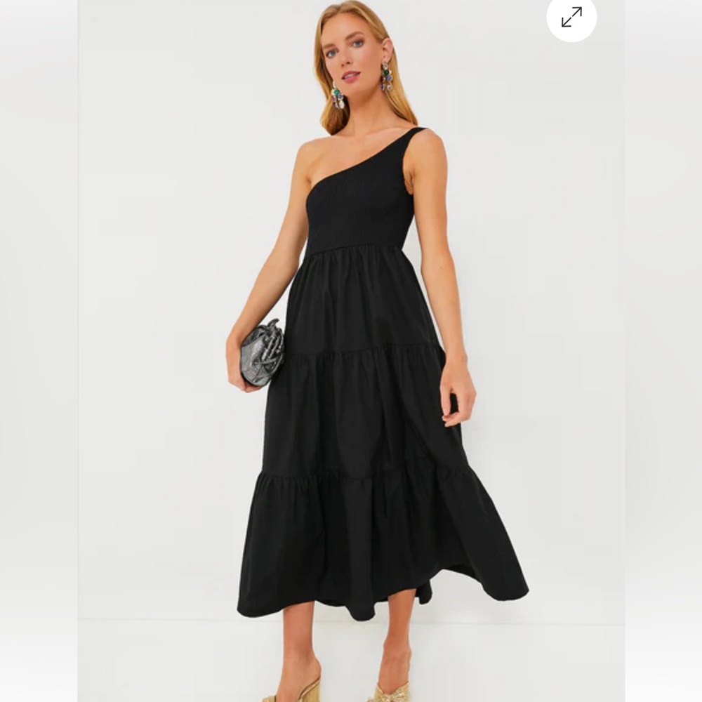 One-Shoulder Black Tiered Midi Dress